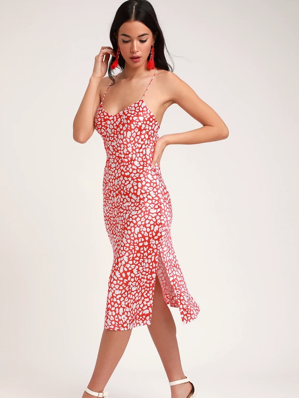 Lulus Calling My Spirit Red Print Satin Midi Dress Red & White Spotted size S